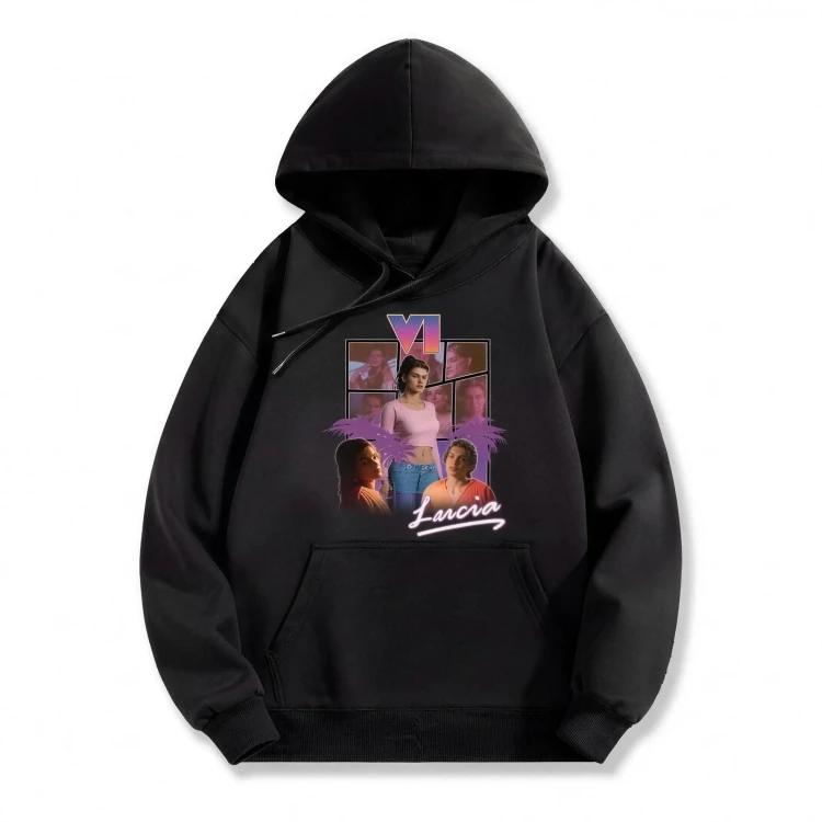 Czarna bluza z kapturem GTA z nadrukiem Lucii z Grand Theft Auto VI