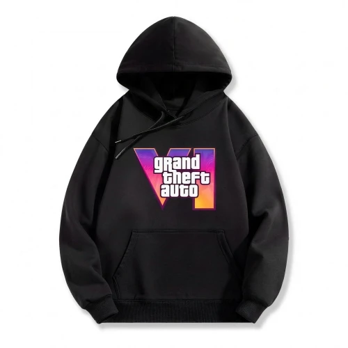 Czarna bluza z kapturem GTA z nadrukiem kolorowego logo Grand Theft Auto VI