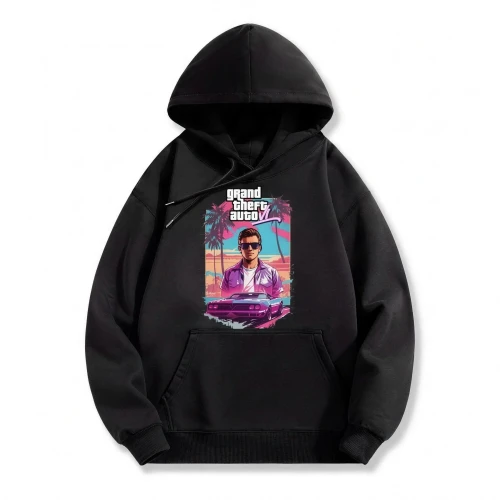 Czarna bluza z kapturem GTA z nadrukiem plakatu Grand Theft Auto VI