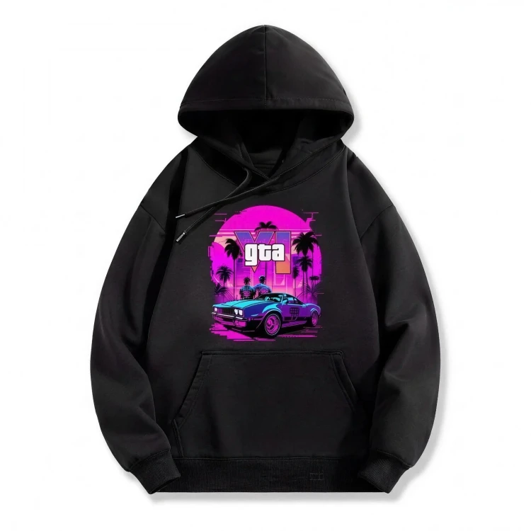 Czarna bluza z kapturem GTA z neonowym nadrukiem logo gta i palm w stylu Vice City