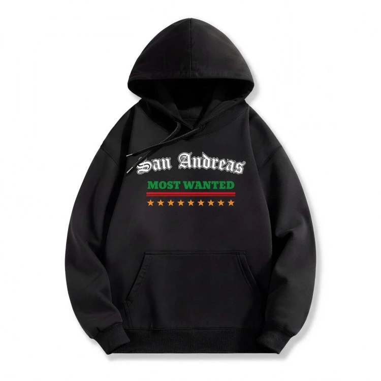 Czarna bluza z kapturem GTA z nadrukiem napisu San Andreas Most Wanted