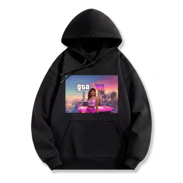 Czarna bluza z kapturem GTA z nadrukiem plakatu Grand Theft Auto VI z Lucią