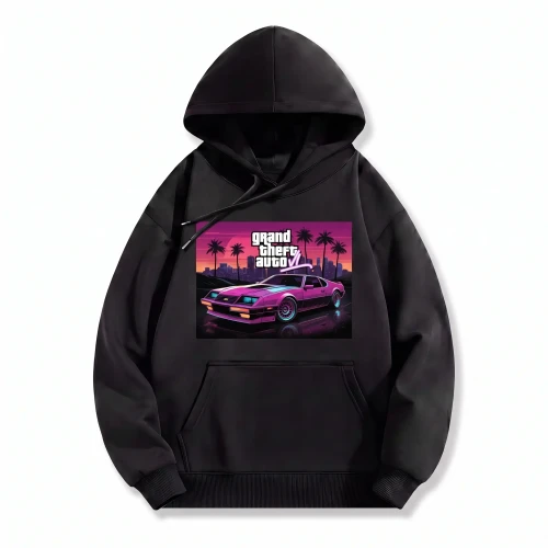 Czarna bluza z kapturem GTA z nadrukiem plakatu Grand Theft Auto VI z samochodem