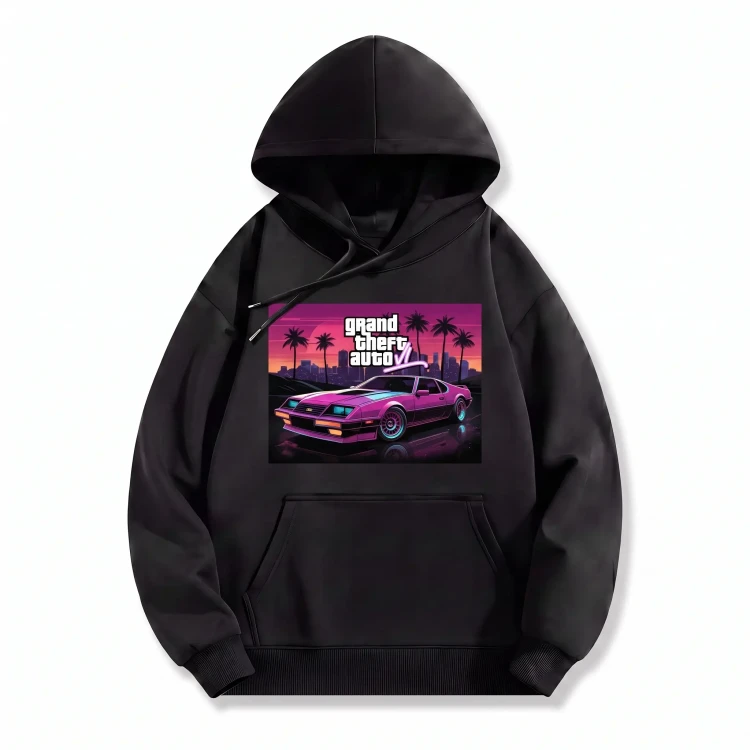 Czarna bluza z kapturem GTA z nadrukiem plakatu Grand Theft Auto VI z samochodem