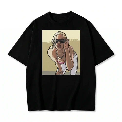 Czarna koszulka GTA z nadrukiem postaci kobiecej w stylu Grand Theft Auto San Andreas