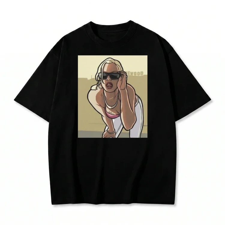 Czarna koszulka GTA z nadrukiem postaci kobiecej w stylu Grand Theft Auto San Andreas