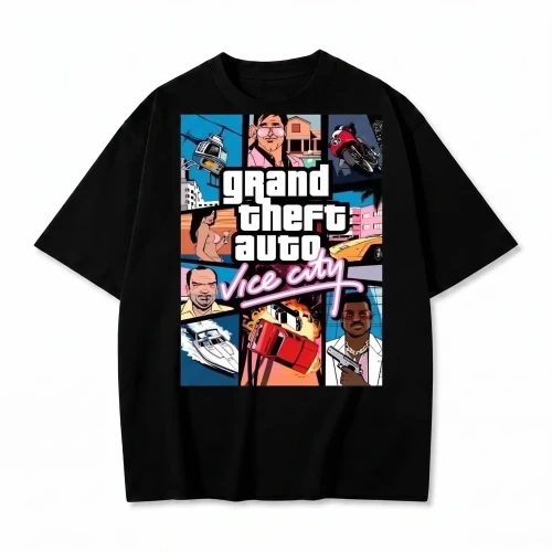 Czarna koszulka GTA z nadrukiem okładki Grand Theft Auto Vice City