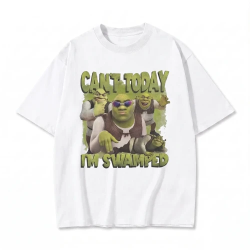 Biała koszulka Shrek z nadrukiem Shreka w okularach i napisem Can't Today I'm Swamped