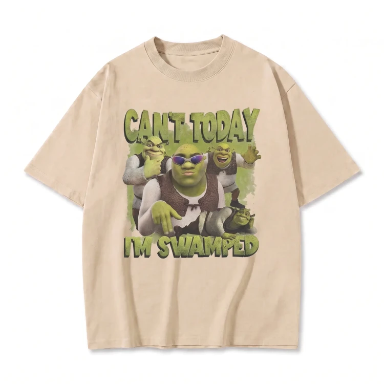 Beżowa koszulka Shrek z nadrukiem Shreka w okularach i napisem Can't Today I'm Swamped