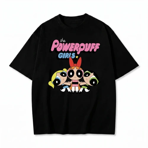 Czarna koszulka Atomówki z nadrukiem logo The Powerpuff Girls i trzech Atomówek