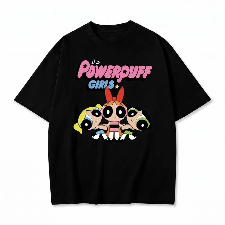 Czarna koszulka Atomówki z nadrukiem logo The Powerpuff Girls i trzech Atomówek