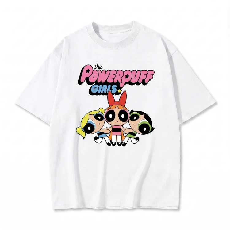 Biała koszulka Atomówki z nadrukiem logo The Powerpuff Girls i trzech Atomówek