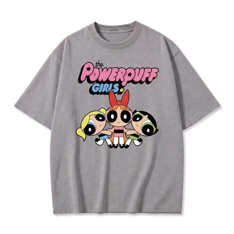 Szara koszulka Atomówki z nadrukiem logo The Powerpuff Girls i trzech Atomówek