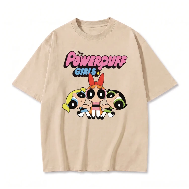Beżowa koszulka Atomówki z nadrukiem logo The Powerpuff Girls i trzech Atomówek