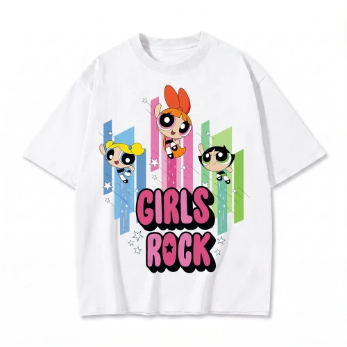 Biała koszulka Atomówki z nadrukiem trzech Atomówek i napisem Girls Rock