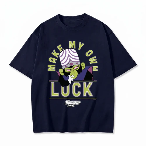 Granatowa koszulka Atomówki z nadrukiem Mojo Jojo i napisem Make My Own Luck