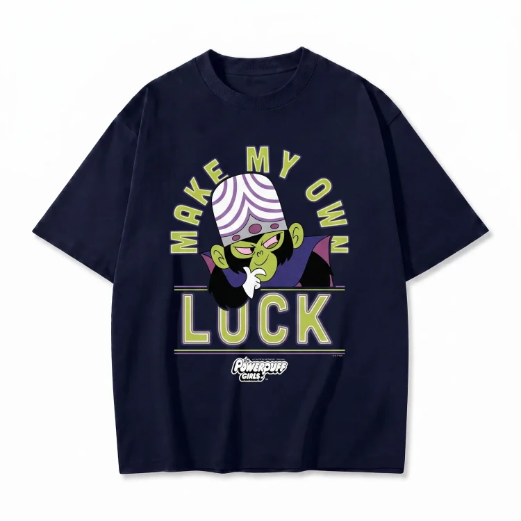 Granatowa koszulka Atomówki z nadrukiem Mojo Jojo i napisem Make My Own Luck