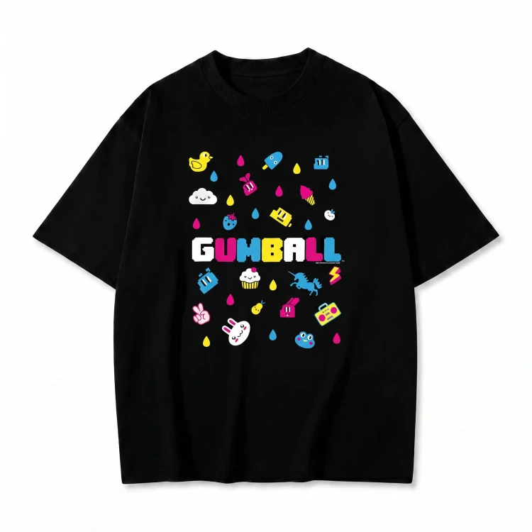 Czarna koszulka Niesamowity świat Gumballa z nadrukiem logo Gumball i kolorowych ikon