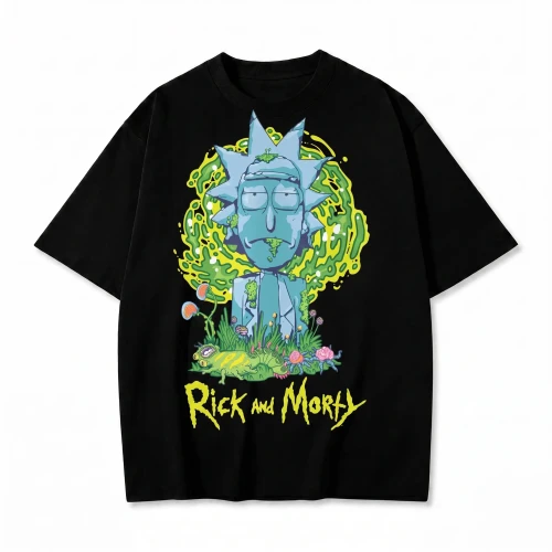 Czarna koszulka Rick and Morty z nadrukiem Ricka w portalu i roślinami