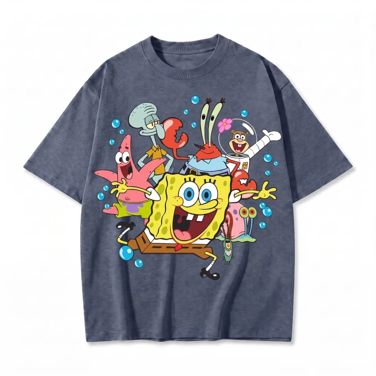 Granatowa koszulka SpongeBob Kanciastoporty z nadrukiem SpongeBoba i przyjaciół w bąbelkach