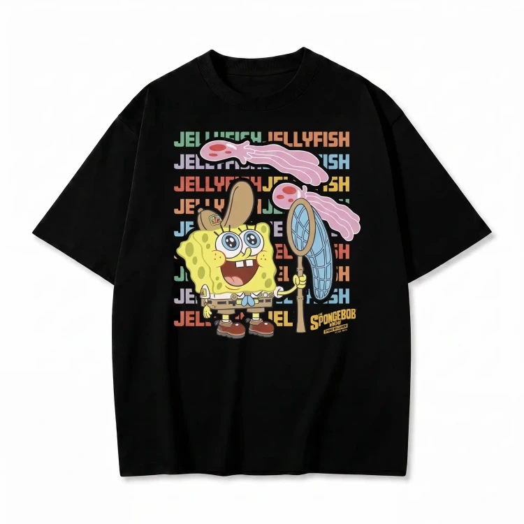 Czarna koszulka SpongeBob Kanciastoporty z nadrukiem SpongeBoba z siatką na meduzy i napisem Jellyfish