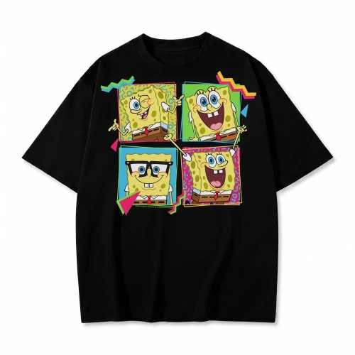 Czarna koszulka SpongeBob Kanciastoporty z nadrukiem czterech min SpongeBoba