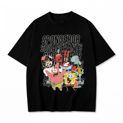 Czarna koszulka SpongeBob Kanciastoporty z nadrukiem bohaterów i napisem SpongeBob SquarePants