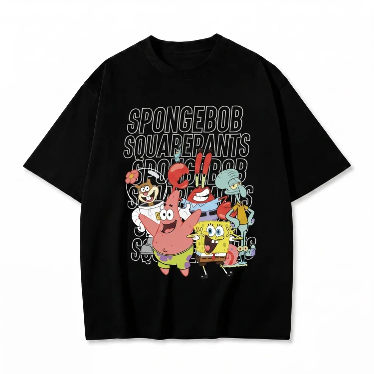 Czarna koszulka SpongeBob Kanciastoporty z nadrukiem bohaterów i napisem SpongeBob SquarePants