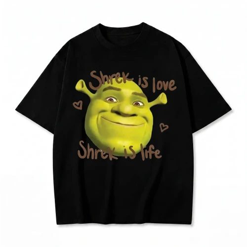 Czarna koszulka Shrek z nadrukiem twarzy Shreka i napisem Shrek Is Love Shrek Is Life