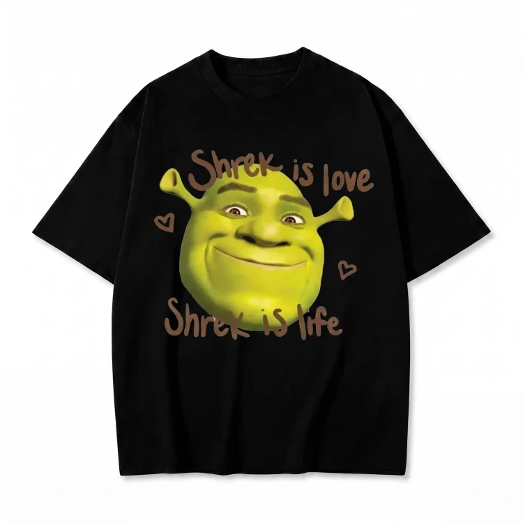 Czarna koszulka Shrek z nadrukiem twarzy Shreka i napisem Shrek Is Love Shrek Is Life