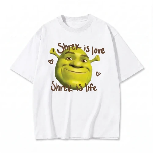 Biała koszulka Shrek z nadrukiem twarzy Shreka i napisem Shrek Is Love Shrek Is Life