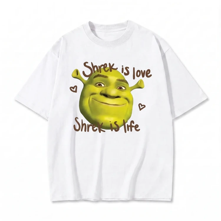 Biała koszulka Shrek z nadrukiem twarzy Shreka i napisem Shrek Is Love Shrek Is Life