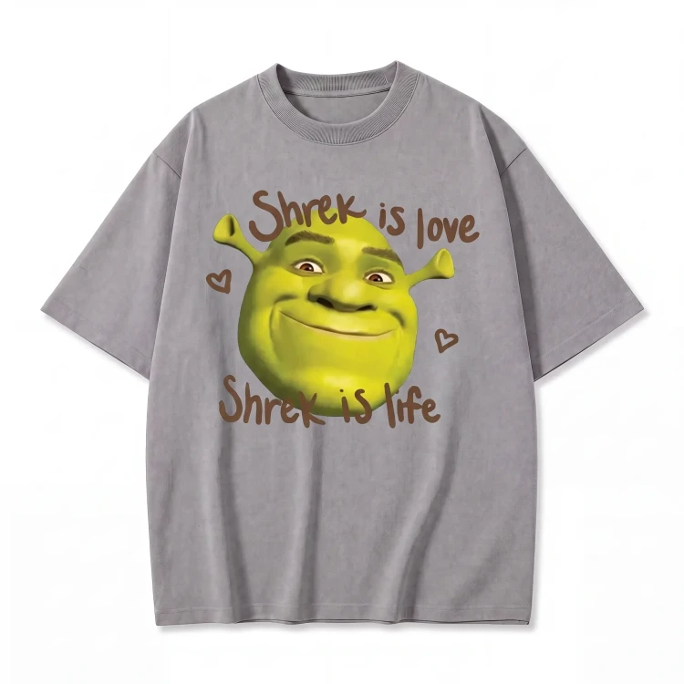Szara koszulka Shrek z nadrukiem twarzy Shreka i napisem Shrek Is Love Shrek Is Life