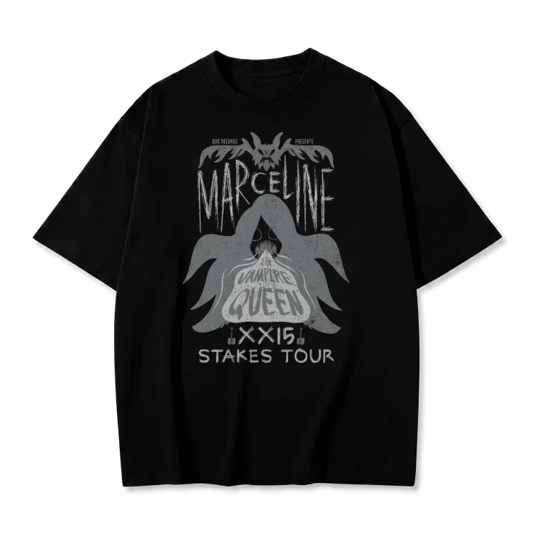 Czarna koszulka Pora na Przygodę z nadrukiem Marceline i napisem Vampire Queen Stakes Tour