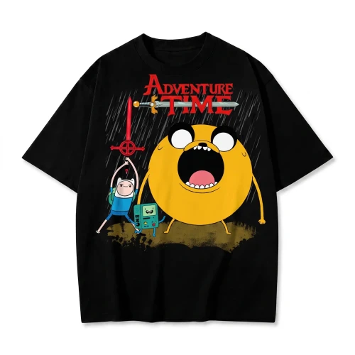 Czarna koszulka Pora na Przygodę z nadrukiem Jake'a, Finna i BMO oraz logo Adventure Time