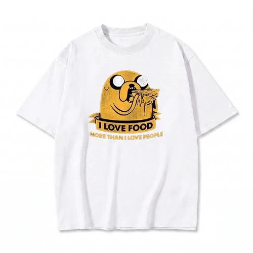 Biała koszulka Pora na Przygodę z nadrukiem Jake'a i napisem I Love Food More Than I Love People