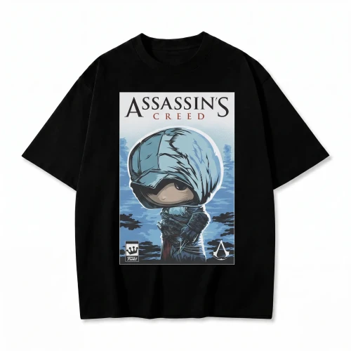 Czarna koszulka Assassin's Creed z nadrukiem plakatu z asasynem