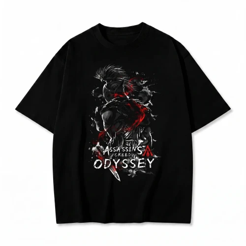 Czarna koszulka Assassin's Creed Odyssey z nadrukiem wojownika