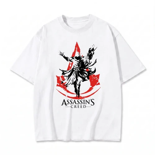 Biała koszulka Assassin's Creed z nadrukiem asasyna i herbu