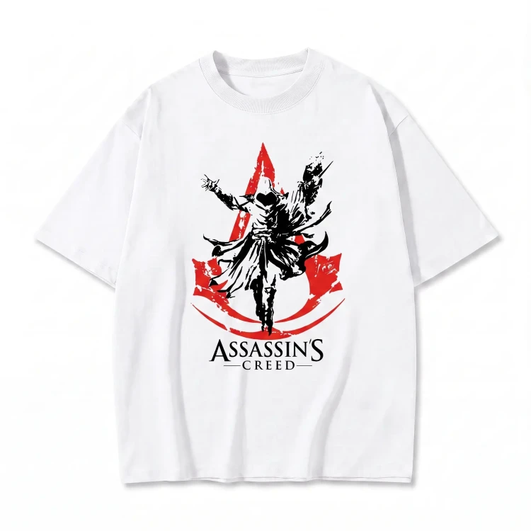 Biała koszulka Assassin's Creed z nadrukiem asasyna i herbu