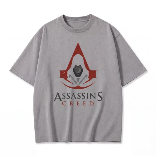 Szara koszulka Assassin's Creed z nadrukiem herbu asasynów