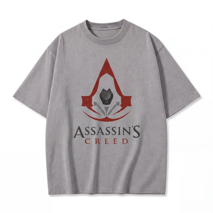 Szara koszulka Assassin's Creed z nadrukiem herbu asasynów