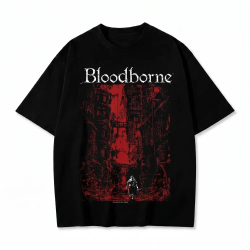 Czarna koszulka Bloodborne z nadrukiem gotyckiego miasta i logo
