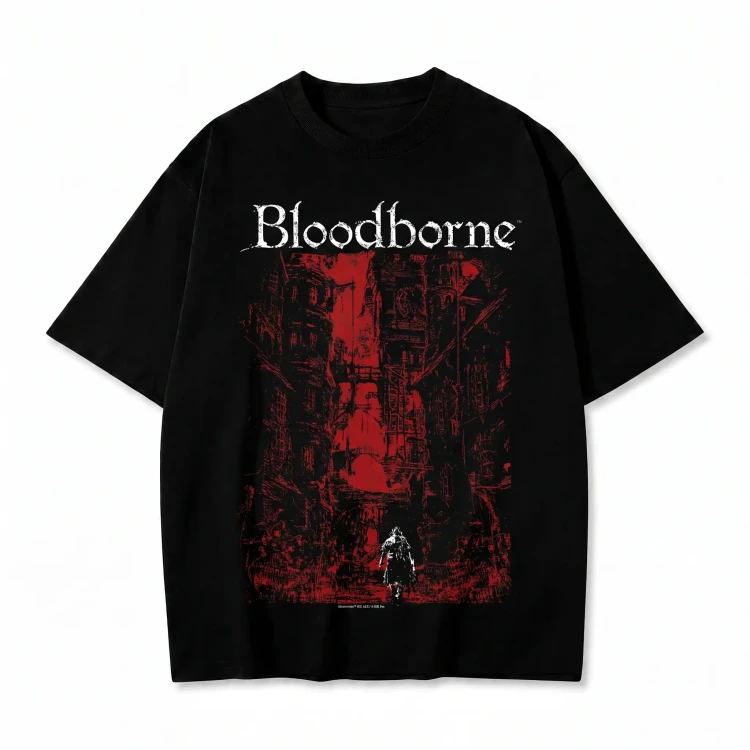 Czarna koszulka Bloodborne z nadrukiem gotyckiego miasta i logo