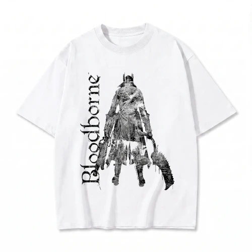 Biała koszulka Bloodborne z nadrukiem Łowcy i logo