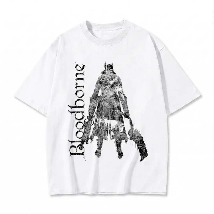 Biała koszulka Bloodborne z nadrukiem Łowcy i logo