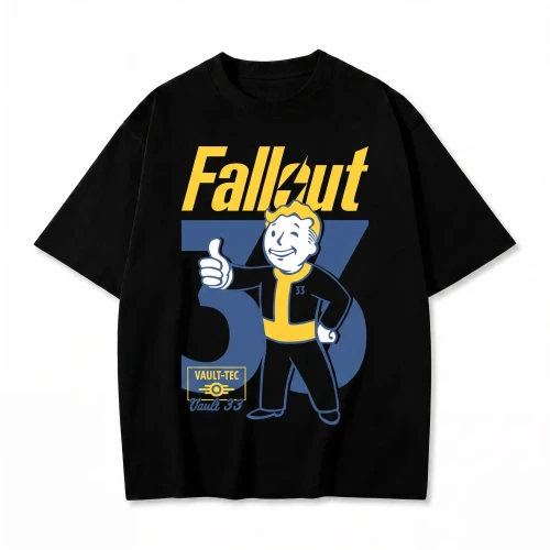 Czarna koszulka Fallout z nadrukiem Vault Boya i Krypty 33