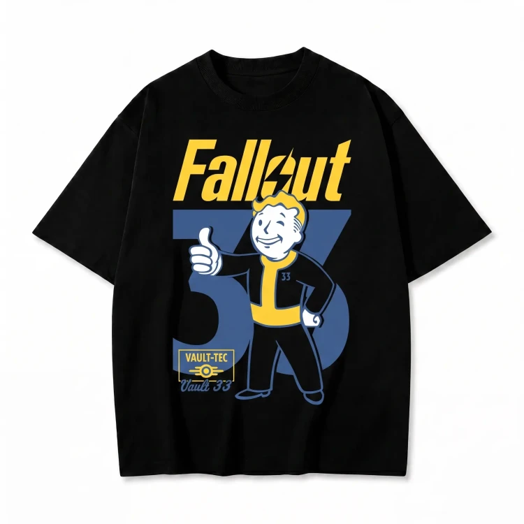 Czarna koszulka Fallout z nadrukiem Vault Boya i Krypty 33