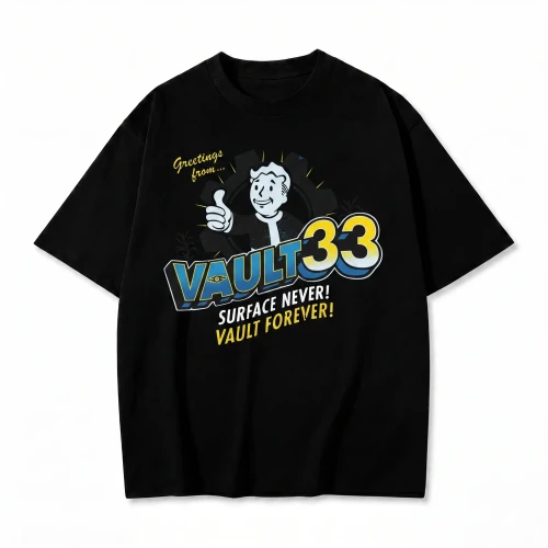 Czarna koszulka Fallout z nadrukiem Vault 33 Surface Never