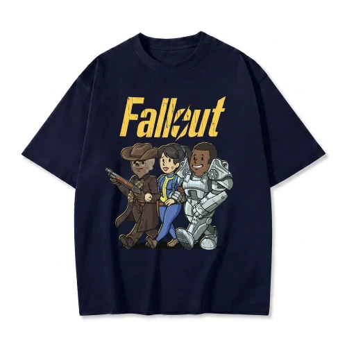 Granatowa koszulka Fallout z nadrukiem Lucy, Ghoula i Maximusa